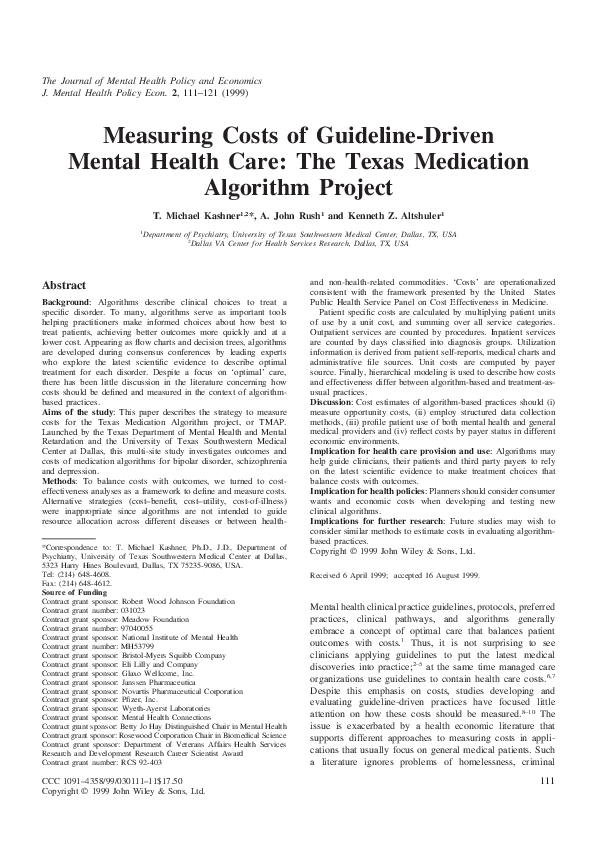 (PDF) Measuring costs of guideline-driven mental health care: the Texas ...
