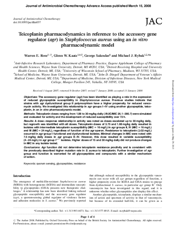 (PDF) Teicoplanin pharmacodynamics in reference to the accessory gene