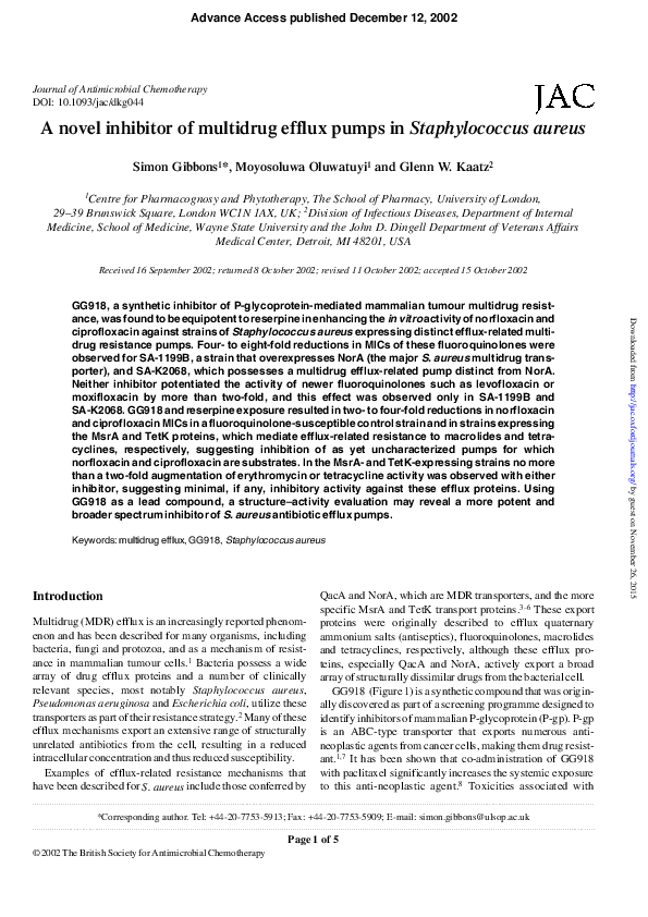(PDF) A novel inhibitor of multidrug efflux pumps in Staphylococcus aureus