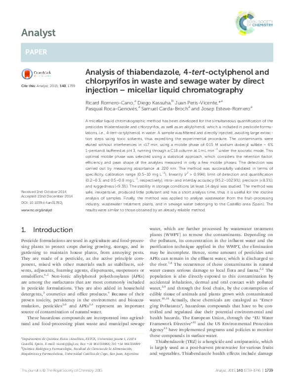 (PDF) Analysis of thiabendazole, 4-tert-octylphenol and chlorpyrifos in ...