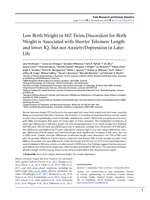 (PDF) Low Birth Weight in MZ Twins Discordant for Birth Weight is