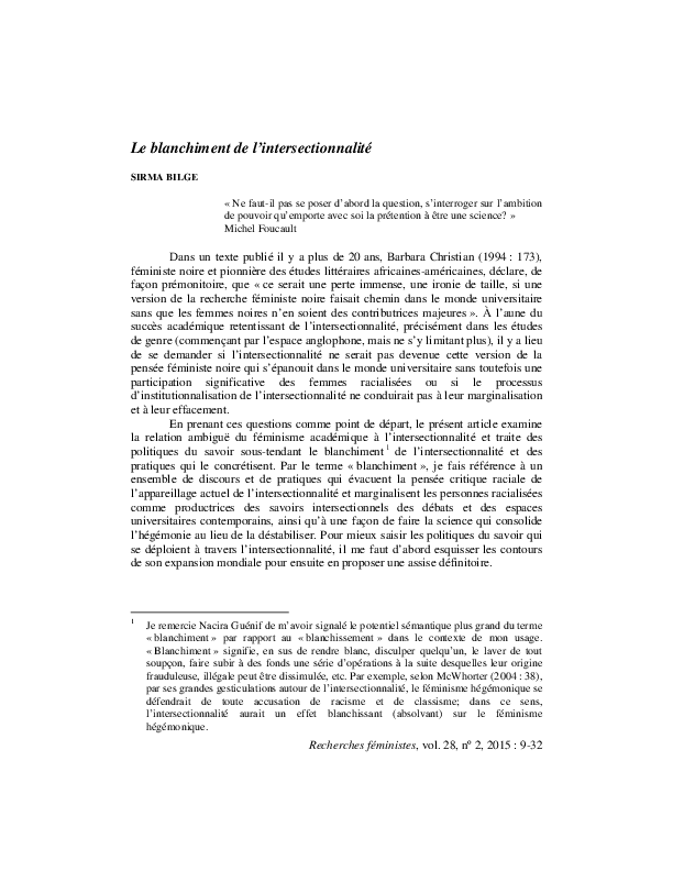 First page of “Le Blanchiment de l'intersectionnalité”