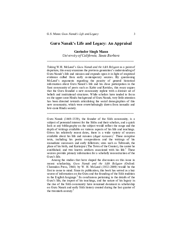 Pdf Guru Nanaks Life And Legacy Mann Mingshuo Wu Academia Edu