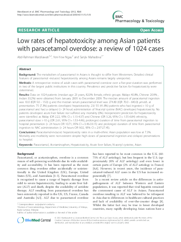 (PDF) Low rates of hepatotoxicity among Asian patients with paracetamol overdose a review of