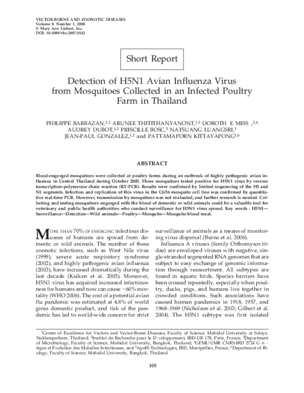 (PDF) Detection of H5N1 Avian Influenza Virus from Mosquitoes Collected ...