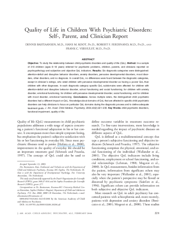 (PDF) Quality of Life in Children With Psychiatric Disorders: Self ...