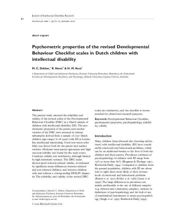 (PDF) Psychometric properties of the revised Developmental Behaviour ...