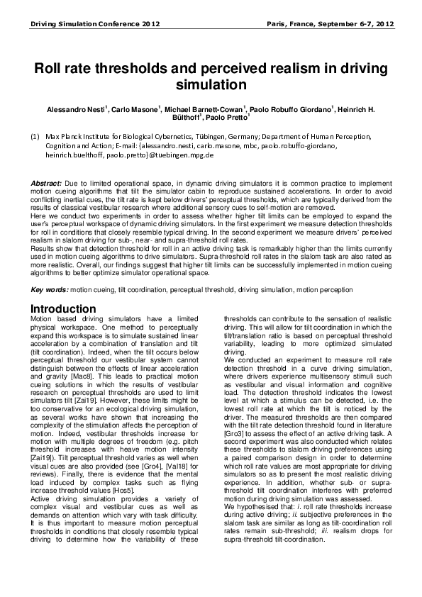(PDF) Roll rate thresholds in driving simulation Alessandro Nesti and