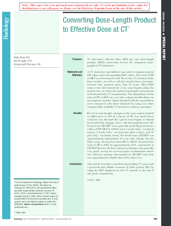 (PDF) Converting DoseLength Product to Effective Dose at CT 1 Kent M Ogden Academia.edu