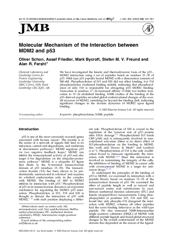(PDF) Molecular Mechanism of the Interaction between MDM2 and p53