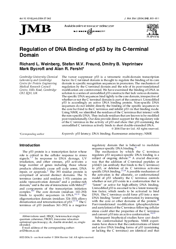 (PDF) Regulation of DNA Binding of p53 by its C-terminal Domain