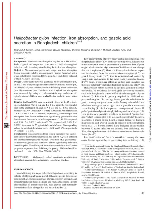 (PDF) Helicobacter pylori infection, iron absorption, and gastric acid