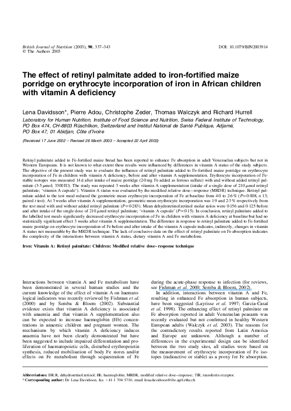 (PDF) The effect of retinyl palmitate added to ironfortified maize