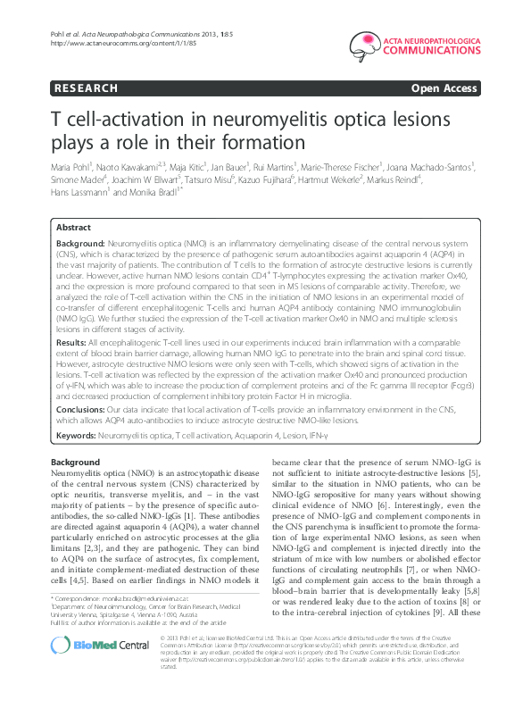 (PDF) T cell-activation in neuromyelitis optica lesions plays a role in ...