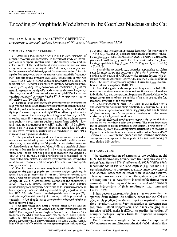 (PDF) Encoding of Amplitude Modulation in the Cochlear Nucleus of the Cat