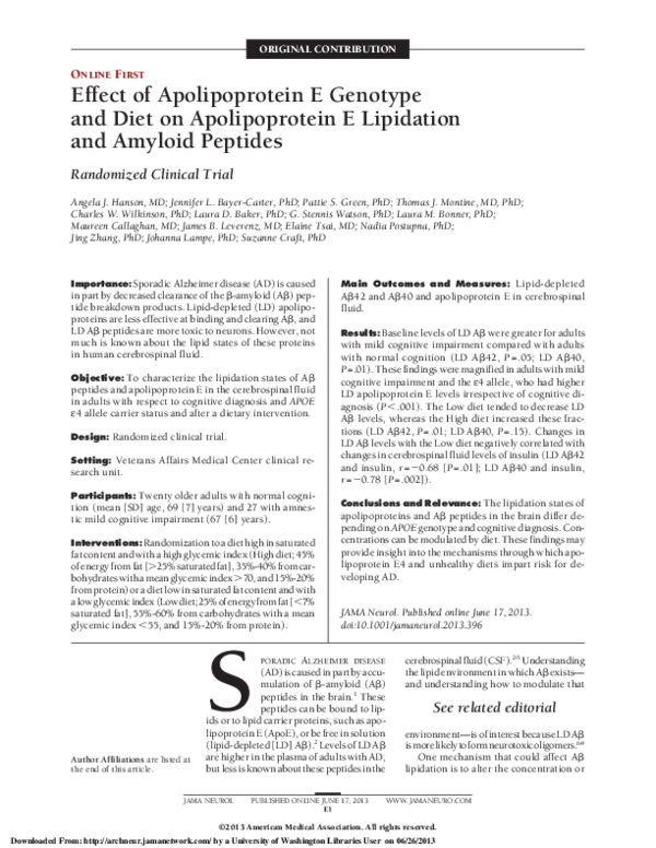 (PDF) Effect of Apolipoprotein E Genotype and Diet on Apolipoprotein E ...
