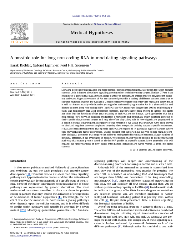(PDF) A possible role for long non-coding RNA in modulating signaling ...