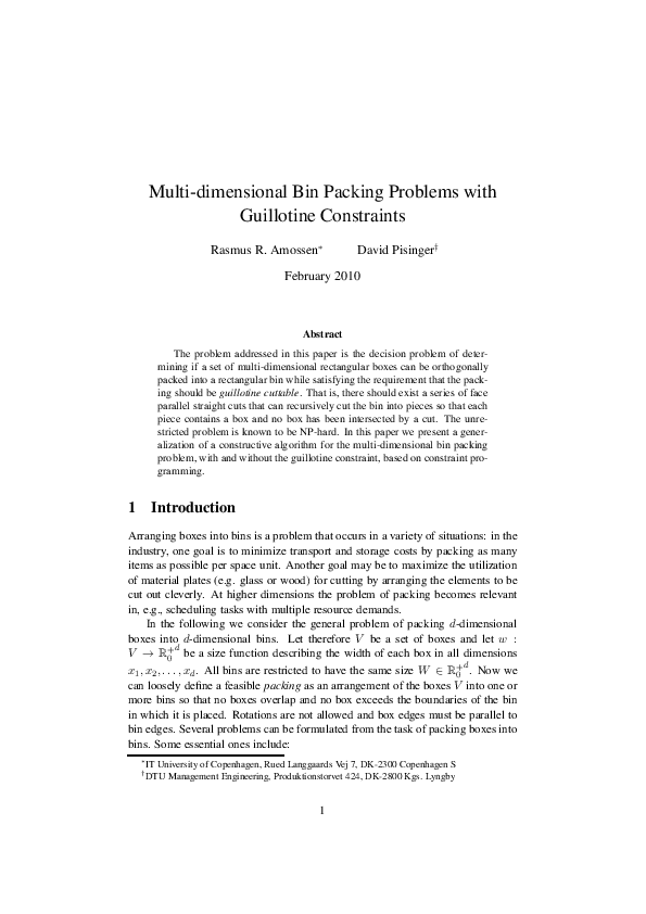 (PDF) Multidimensional bin packing problems with guillotine