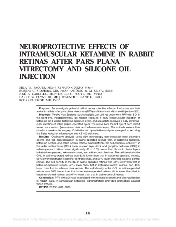 (PDF) NEUROPROTECTIVE EFFECTS OF INTRAMUSCULAR KETAMINE IN RABBIT