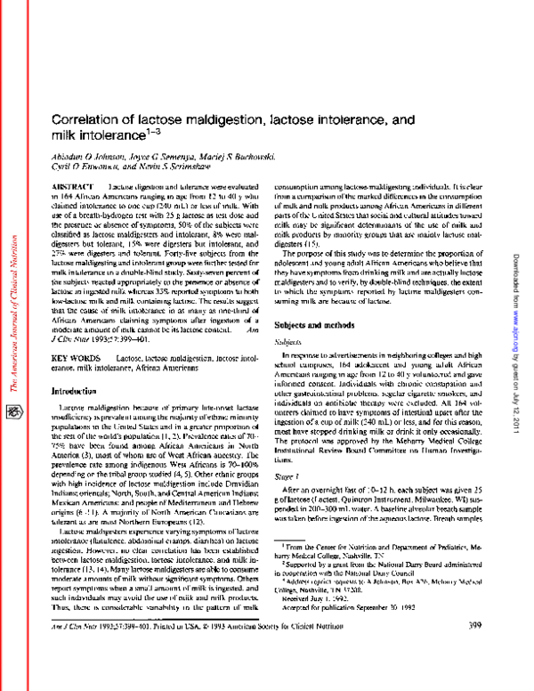 (PDF) Correlation of lactose maldigestion. Lactose intolerance, and milk intolerance Cyril