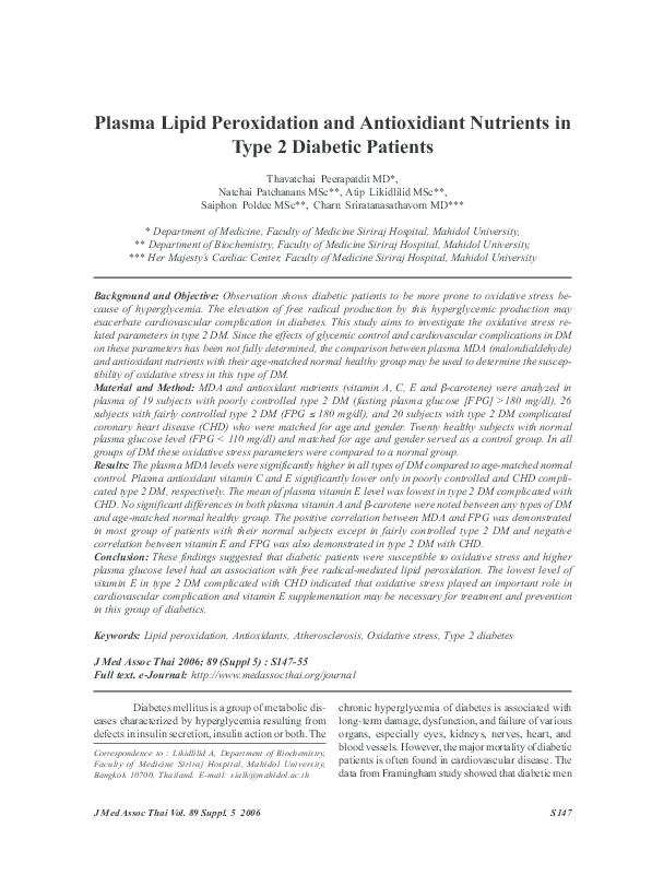 (PDF) Plasma lipid peroxidation and antioxidant nutrients in type 2 ...