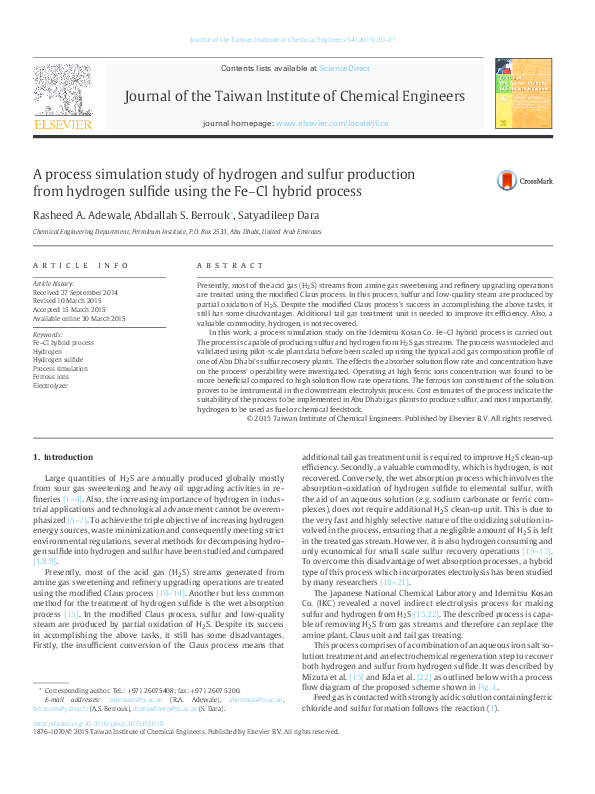 (PDF) A process simulation study of hydrogen and sulfur production from ...