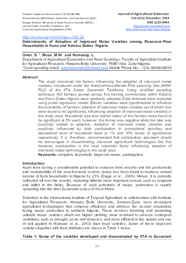 (PDF) Determinants of Adoption of Improved Maize Varieties among ...