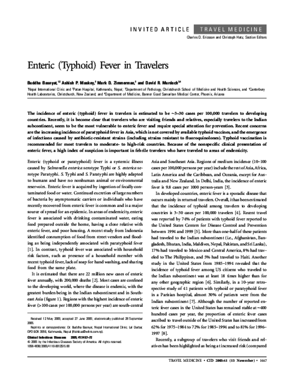 Pdf Enteric Typhoid Fever In Travelers Buddha Basnyat