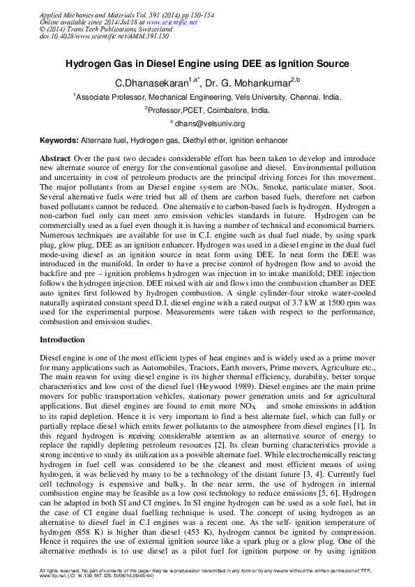 (PDF) Hydrogen gas in diesel engine using DEE as ignition source