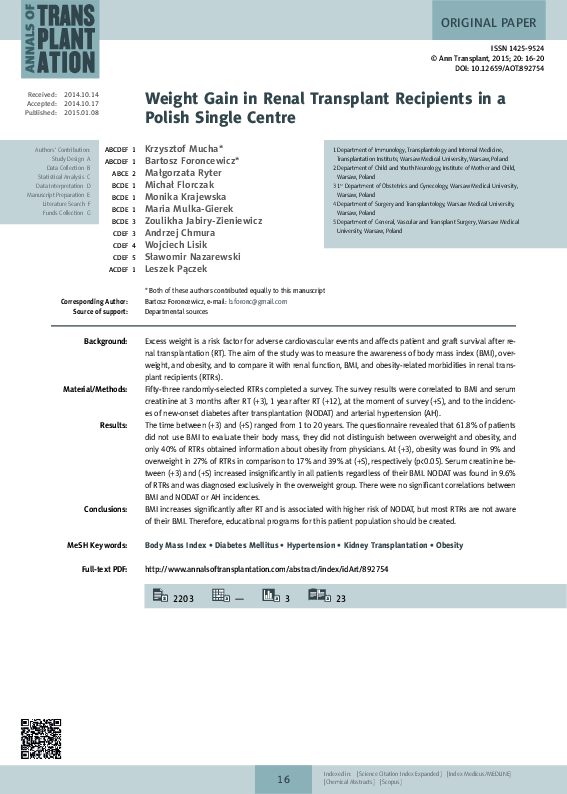 (PDF) Weight Gain in Renal Transplant Recipients in a Polish Single Centre Andrzej Chmura