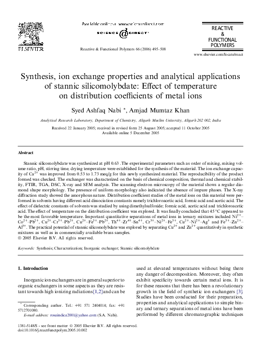 (PDF) Synthesis, ion exchange properties and analytical applications of ...