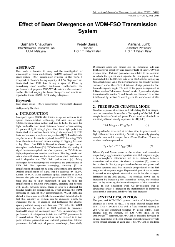 (PDF) Effect of Beam Divergence on WDM-FSO Transmission System