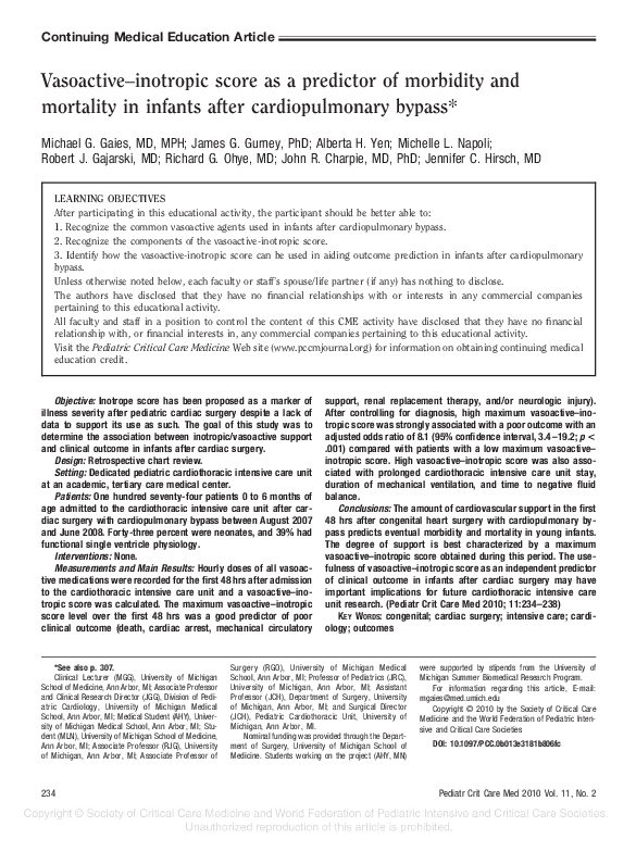 (PDF) Vasoactive–inotropic score as a predictor of morbidity and ...