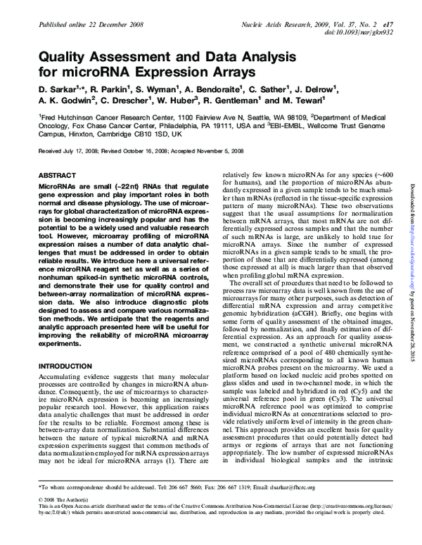 (PDF) Quality Assessment and Data Analysis for microRNA Expression Arrays