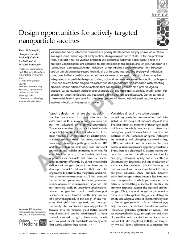 (PDF) Design opportunities for actively targeted nanoparticle vaccines