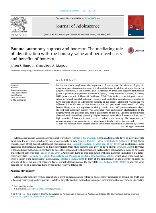 (PDF) Parental autonomy support and honesty: The mediating role of ...