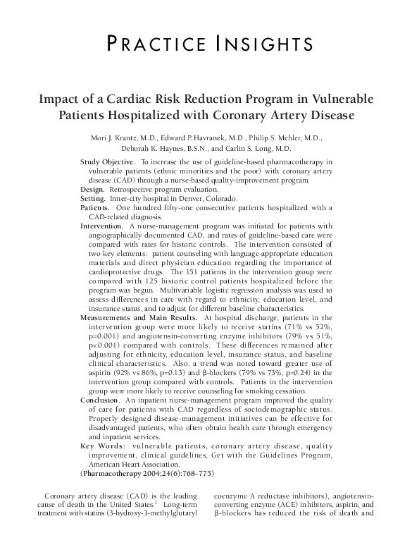 (PDF) Impact of a Cardiac Risk Reduction Program in Vulnerable Patients ...