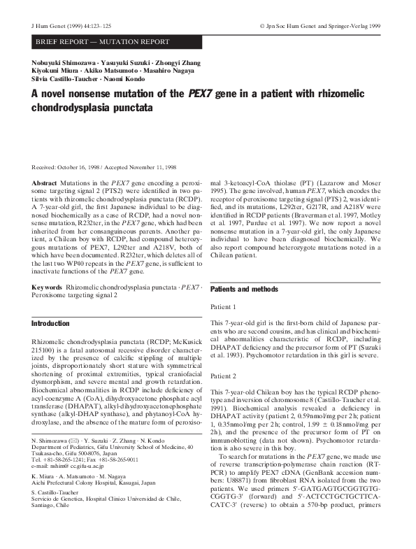 (PDF) A novel nonsense mutation of the PEX7 gene in a patient with rhizomelic chondrodysplasia ...