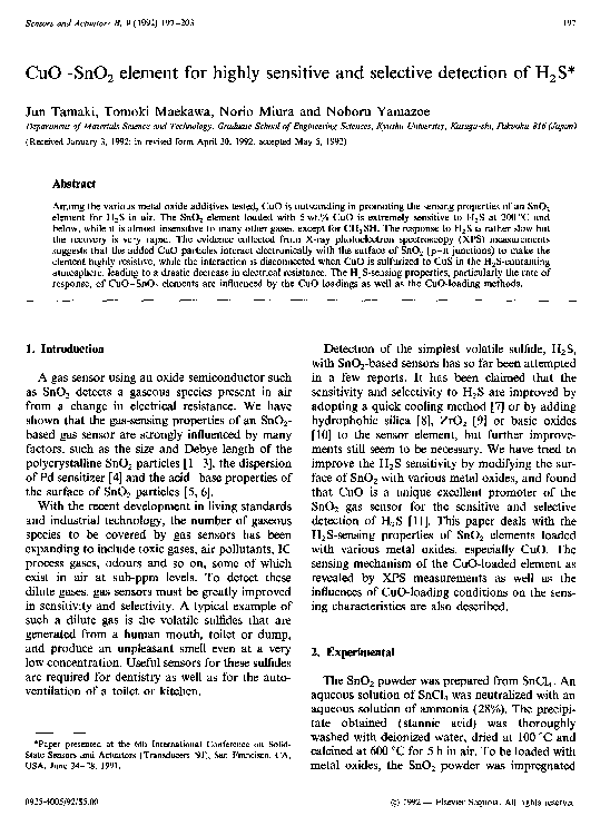 (PDF) CuO-SnO2 element for highly sensitive and selective detection of H2S