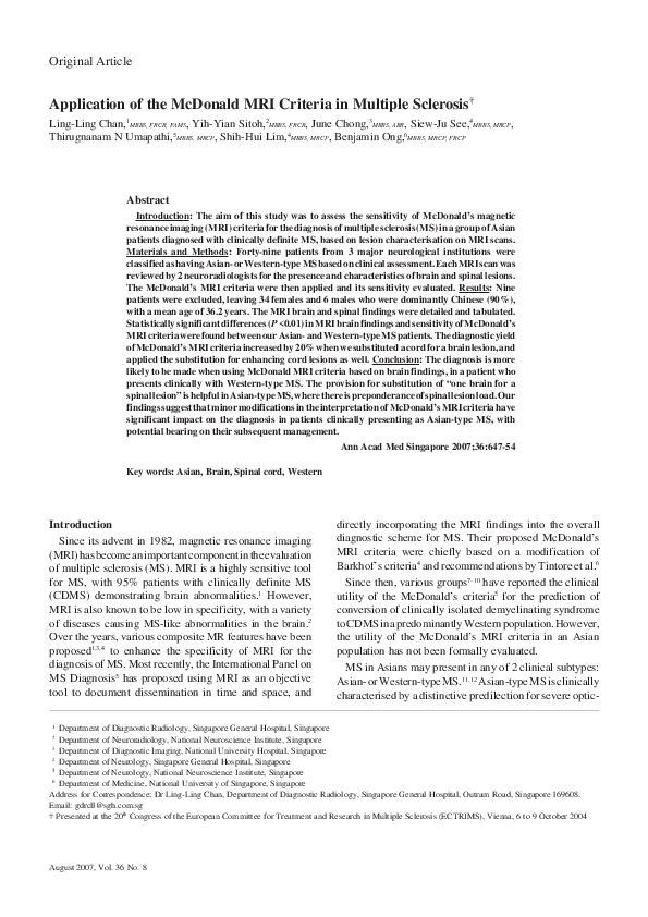 (PDF) Application of the McDonald MRI criteria in multiple sclerosis
