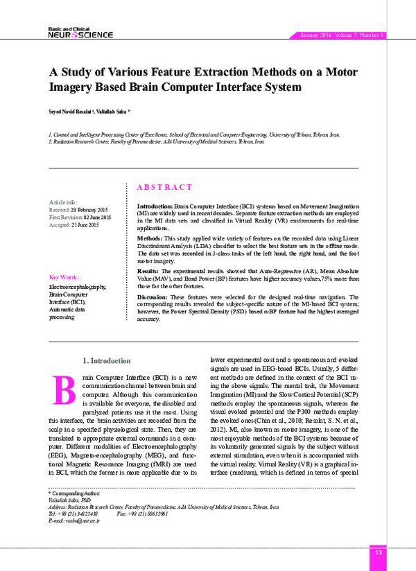 (PDF) A Study of Various Feature Extraction Methods on a Motor Imagery ...