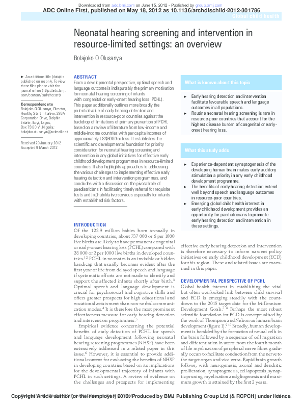 (PDF) Neonatal hearing screening and intervention in resource-limited ...