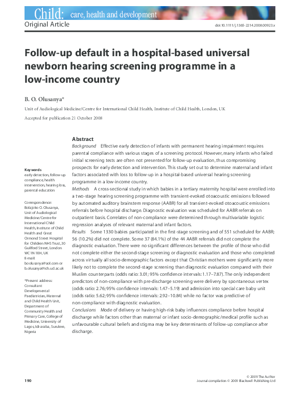 (PDF) Follow-up default in a hospital-based universal newborn hearing ...