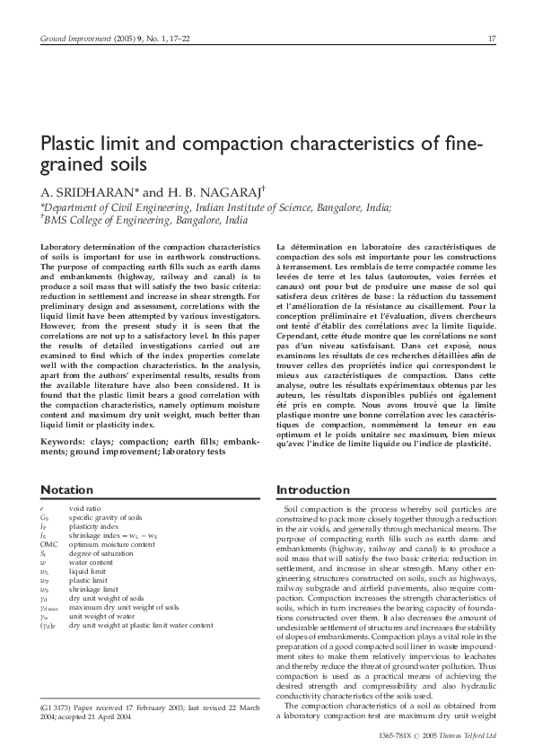 (PDF) Plastic limit and compaction characteristics of finegrained soils