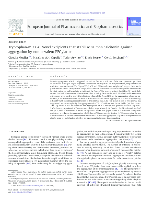 Tryptophan Mpegs Novel Excipients That Stabilize Salmon Calcitonin Against Aggregation By Non Covalent Pegylation Tudor Arvinte Academia Edu