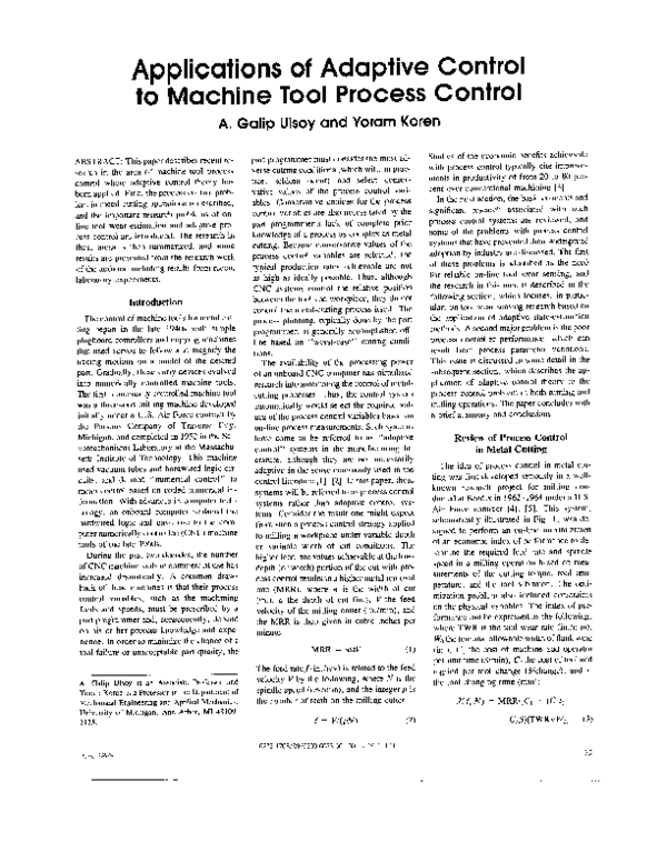 (PDF) Applications of adaptive control to machine tool process control