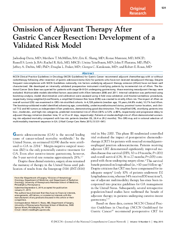 (PDF) Omission of adjuvant therapy after gastric cancer resection