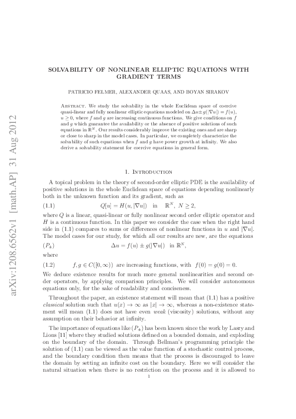 (PDF) Solvability of nonlinear elliptic equations with gradient terms
