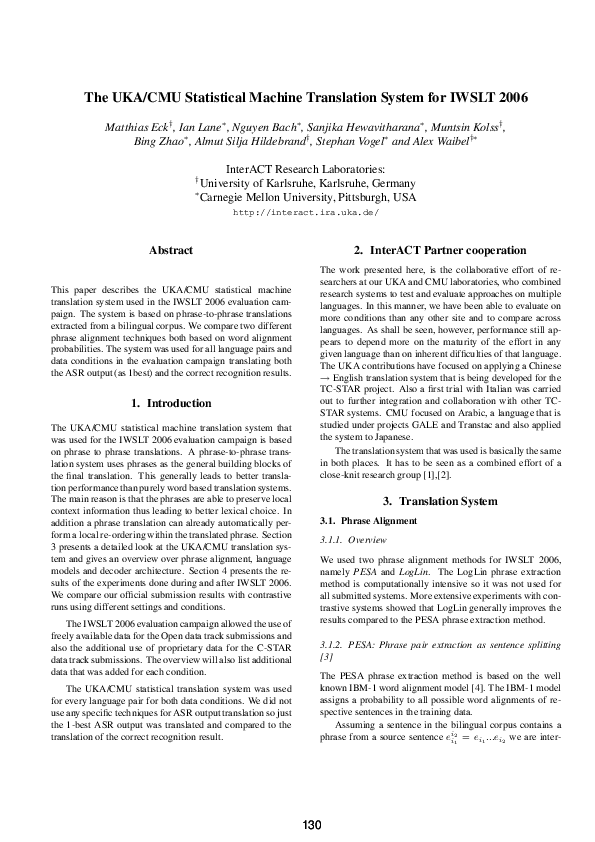 (PDF) The UKA/CMU statistical machine translation system for IWSLT 2006