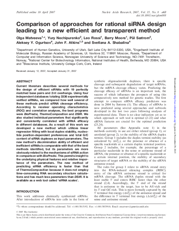 (PDF) Comparison of approaches for rational siRNA design leading to a ...